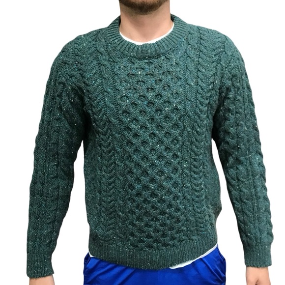 LL Bean Blue Green 100% Wool Fisherman Sweater Jumper Top Thick Knit Mens size S - Picture 5 of 6